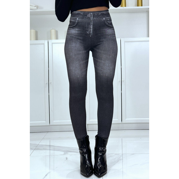 Legging noir taille haute et molletonné motif jean délavé - 3