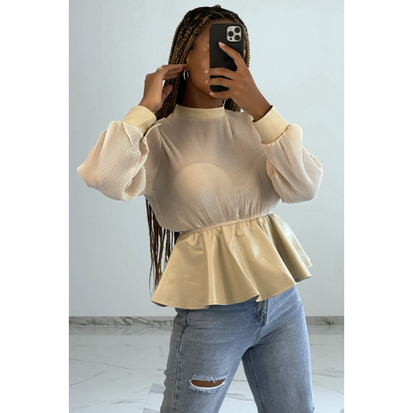 Blouse bi-matière beige en tulle plissée et simiili cuir effet bouffant - 1