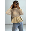 Blouse bi-matière beige en tulle plissée et simiili cuir effet bouffant - 1