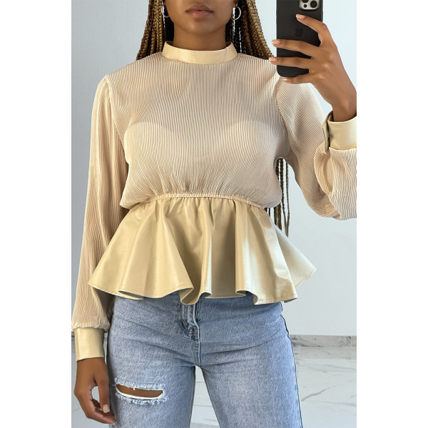 Blouse bi-matière beige en tulle plissée et simiili cuir effet bouffant - 2