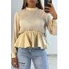 Blouse bi-matière beige en tulle plissée et simiili cuir effet bouffant - 2