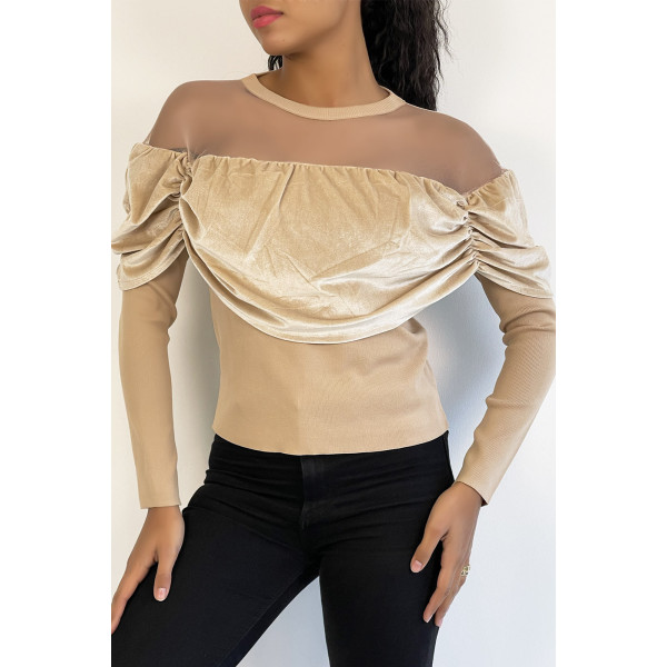 Haut beige effet velours et maille transparente au niveau des épaules pour un effet col bateau - 1