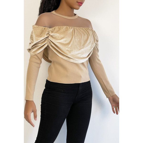 Haut beige effet velours et maille transparente au niveau des épaules pour un effet col bateau - 3