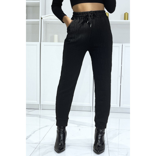 Pantalon noir à taille haute et motif relief  - 1