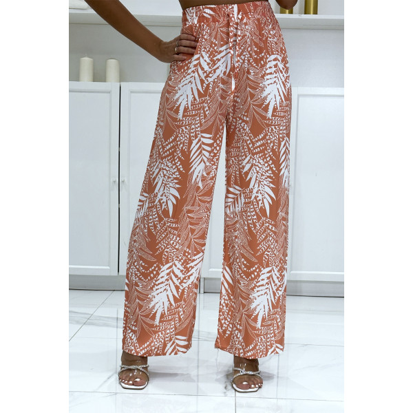 Pantalon palazzo corail en coton motif feuilles - 2