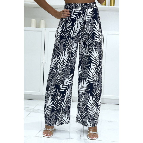 Pantalon palazzo marine en coton motif feuilles - 2