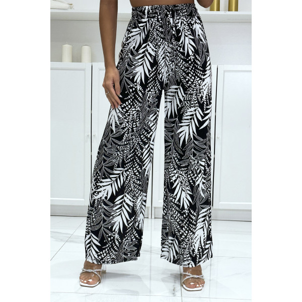 Pantalon palazzo noir en coton motif feuilles - 2