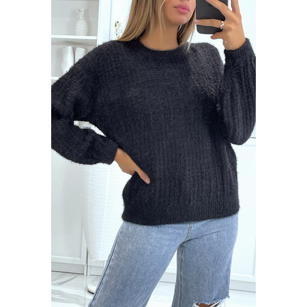 Pull noir à col rond tout doux effet bouffant - 10