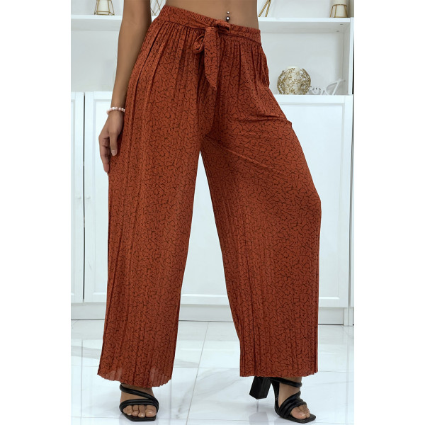 Pantalon plissé fluide cognac à motif marbre - 1