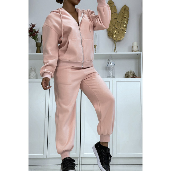 Ensemble 3 pièces doudoune sans manche rose avec sweat et jogging - 1