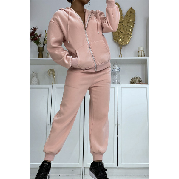 Ensemble 3 pièces doudoune sans manche rose avec sweat et jogging - 2