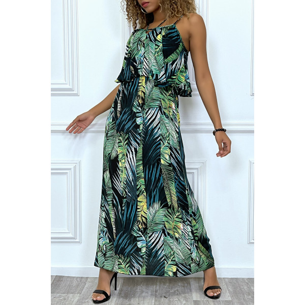 Sublime robe noir motif feuille verte avec bretelle et volant. Vêtement mode femme - 5