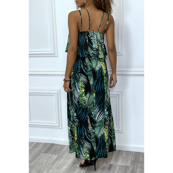 Sublime robe noir motif feuille verte avec bretelle et volant. Vêtement mode femme - 7