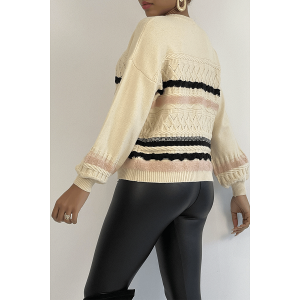 Pull beige à manches bouffantes et motifs rétro - 1