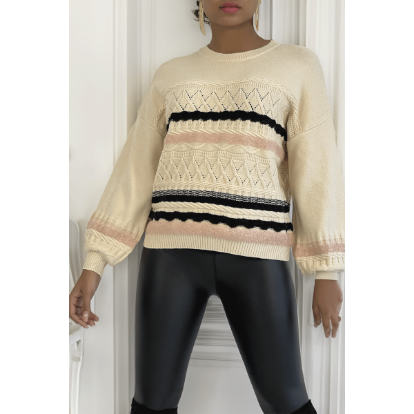 Pull beige à manches bouffantes et motifs rétro - 5