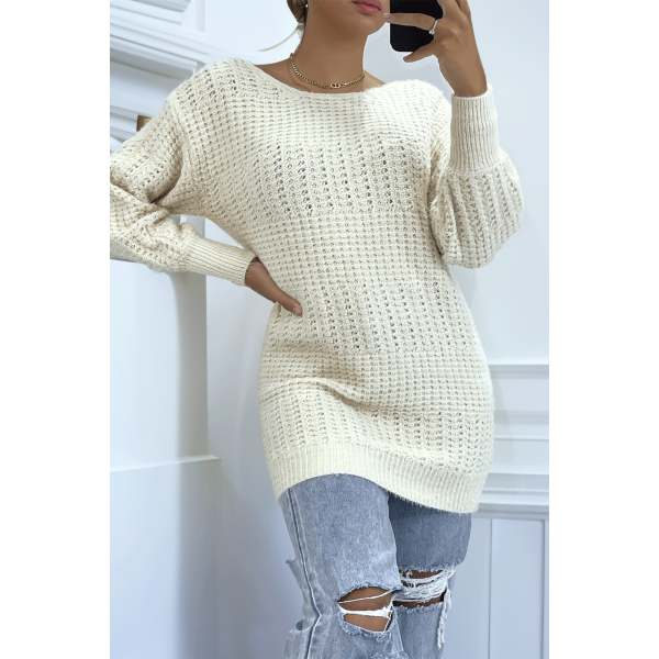 Pull dos-nu beige à nouer en grosse maille et à manches bouffantes - 1