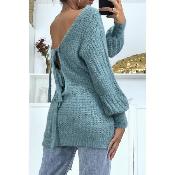 Pull dos-nu bleu à nouer en grosse maille et à manches bouffantes - 2