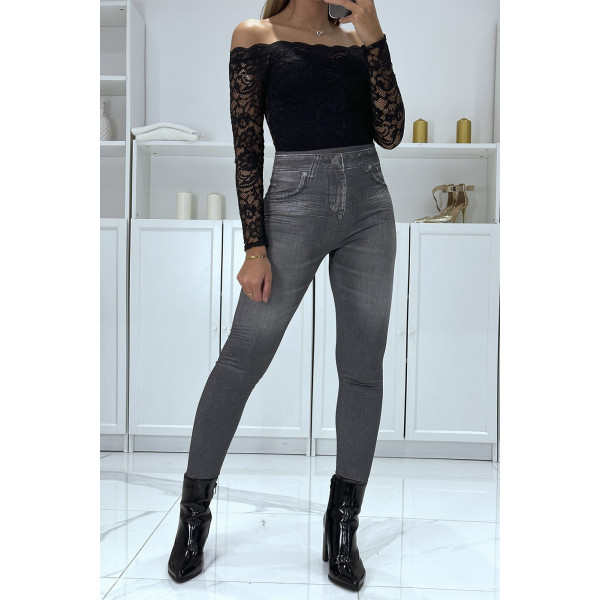 Legging noir taille haute et molletonné motif jean délavé - 1