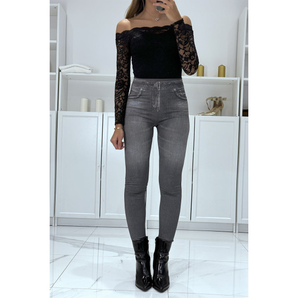 Legging noir taille haute et molletonné motif jean délavé - 3