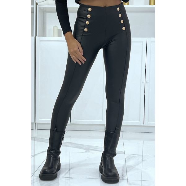 Pantalon slim noir en simili avec boutons doré - 2