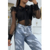 Blouse noire en tulle transparente, motif plumetis - 2