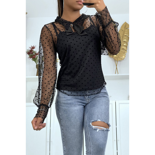 Blouse noire plumetis à col Claudine et noeud - 1