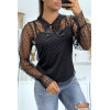 Blouse noire plumetis à col Claudine et noeud - 2