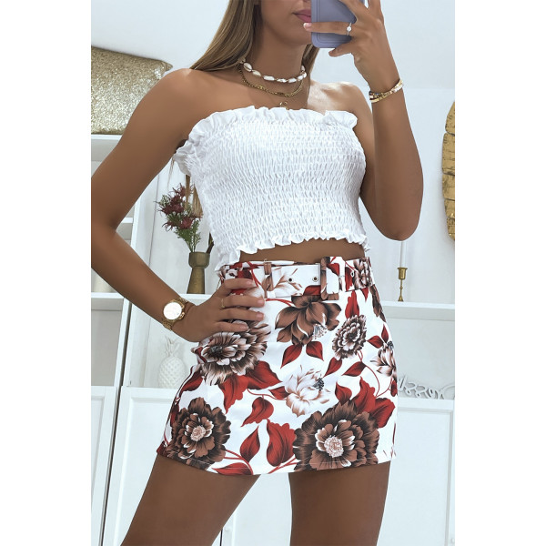 Jupe short blanche et rouge courte fleurie à ceinture hyper tendance et glamour - 2