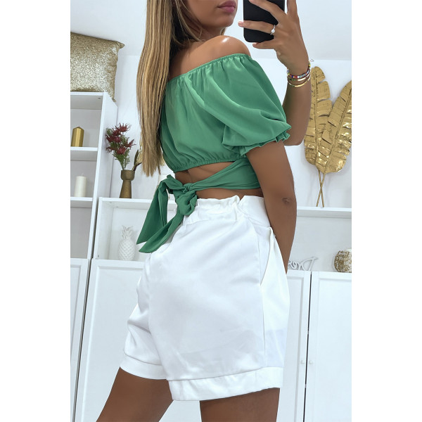 Crop top vert à col bardot croisée sous la poitrine et se noue au dos - 3